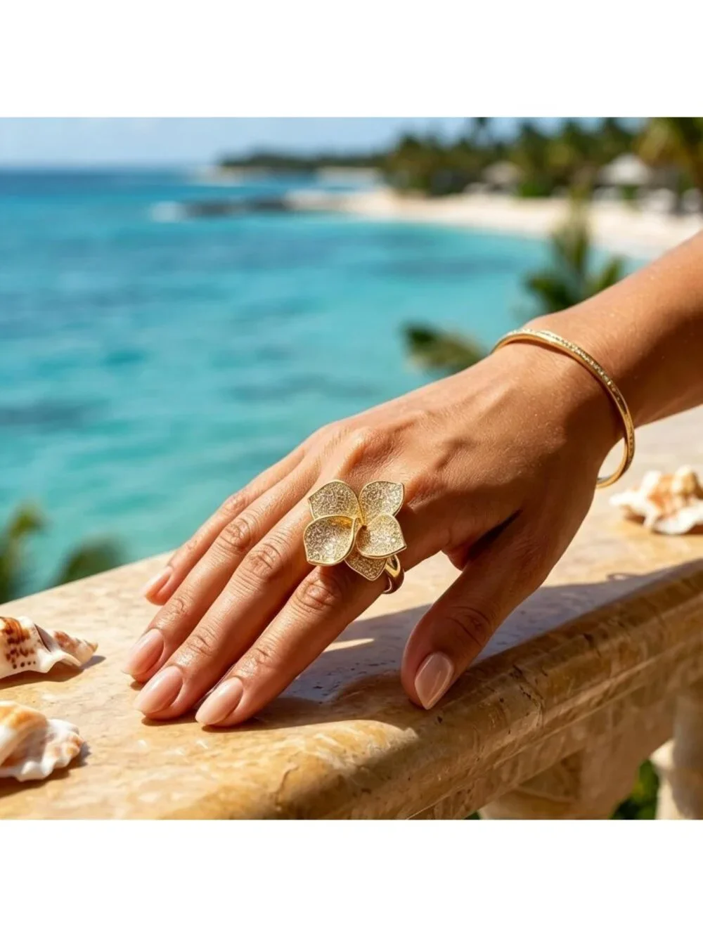 Adjustable Gold Flower Statement Ring with Cubic Zirconia - Chunky Floral